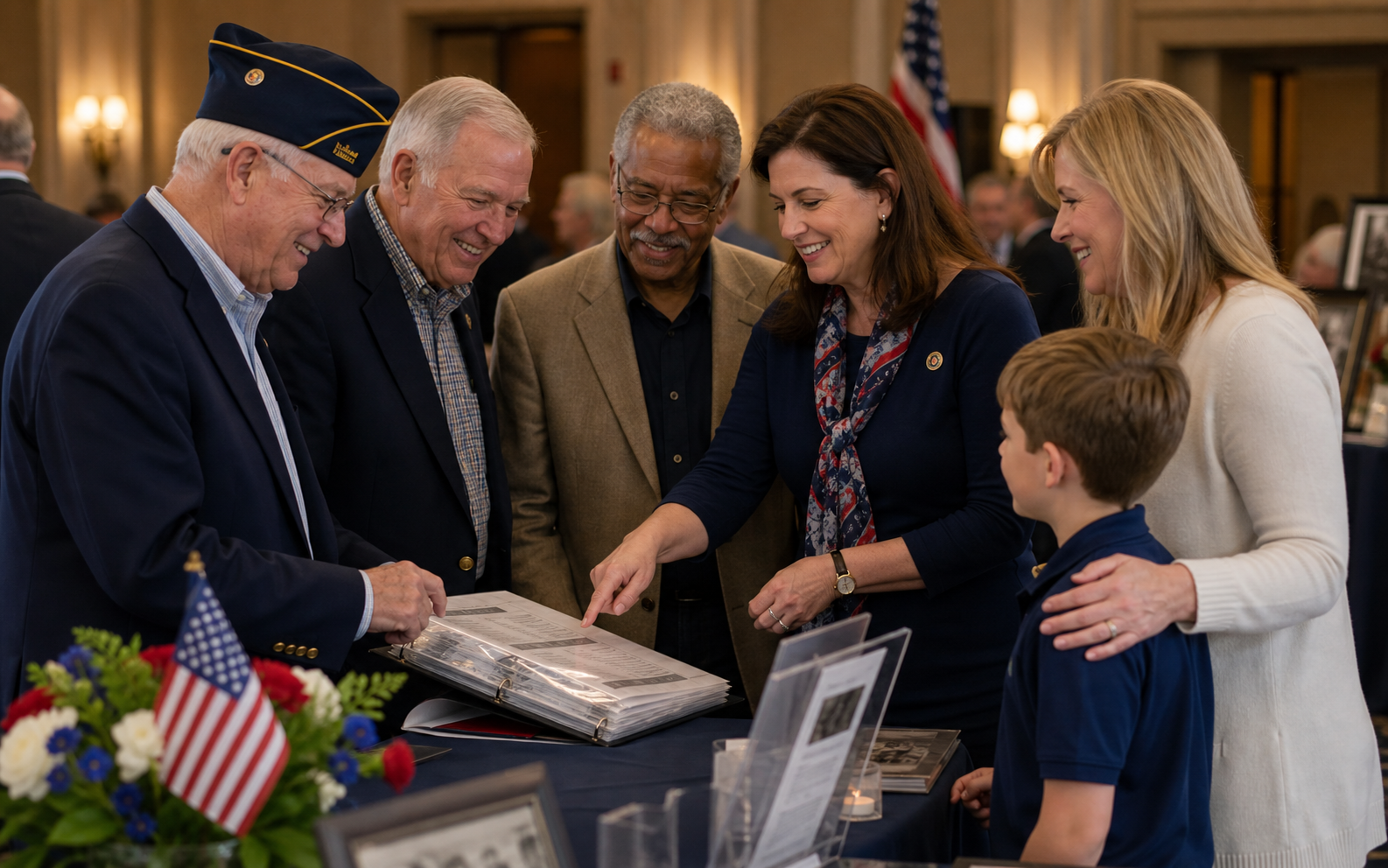 Veterans and reunion supporters reviewing a group roster together